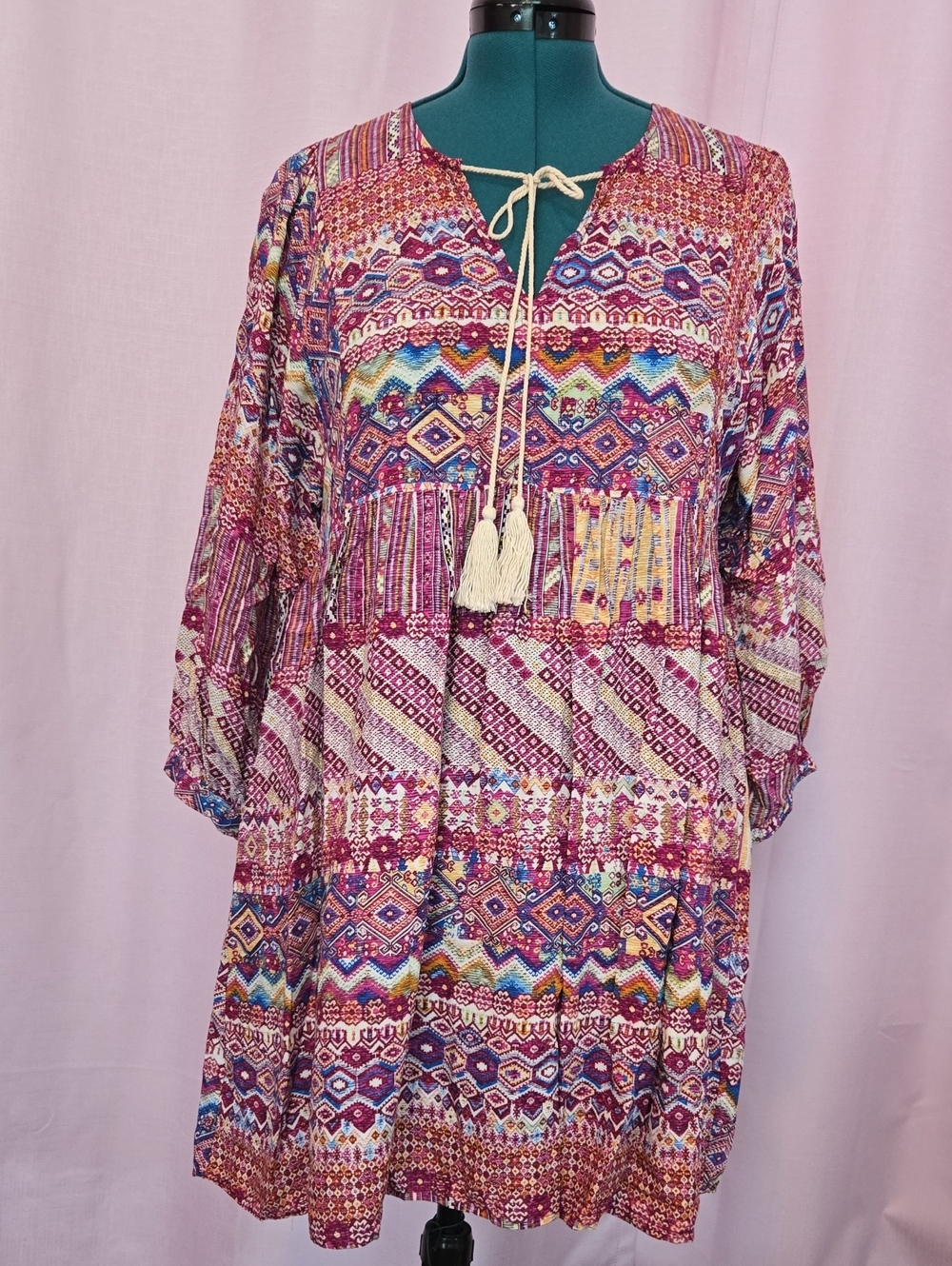 Umgee Multicolor Geometric Print Tunic Dress - Purple Blue Gold